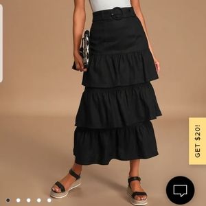 Capulet Black Linen Tiered Belted Midi Skirt, sz S
